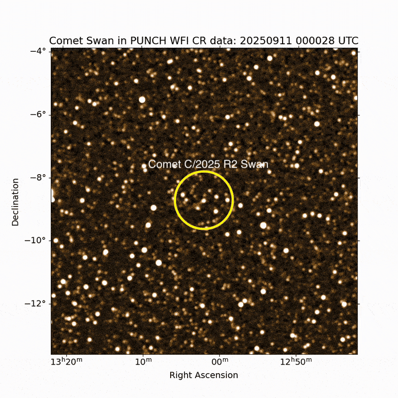 A gif of comet 2025 r2 (SWAN) moving across a background of stars, and a tiny dot, 3I/ATLAs appear moving in the opposite direction.